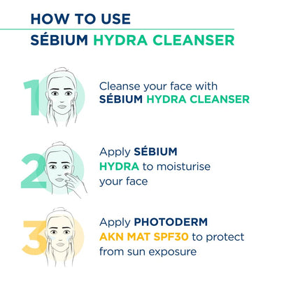 Step-by-step guide on how to use Sébium Hydra Cleanser with illustrations and text.