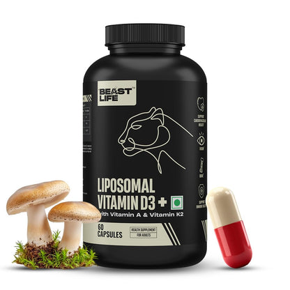 BeastLife Liposomal Vitamin D3 Plus with Vitamin A & Vitamin K2 | for Immune Support, Bone Health & Absorption | Skin Support | Calcium Utilization & Arterial Health |Max Bioavailability | 60 Capsules