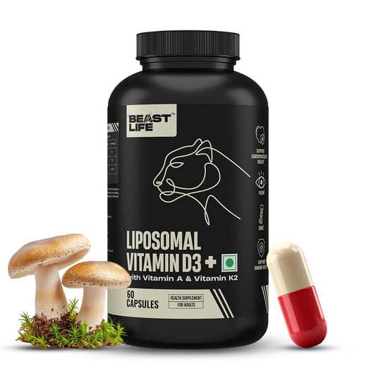 BeastLife Liposomal Vitamin D3 Plus with Vitamin A & Vitamin K2 | for Immune Support, Bone Health & Absorption | Skin Support | Calcium Utilization & Arterial Health |Max Bioavailability | 60 Capsules