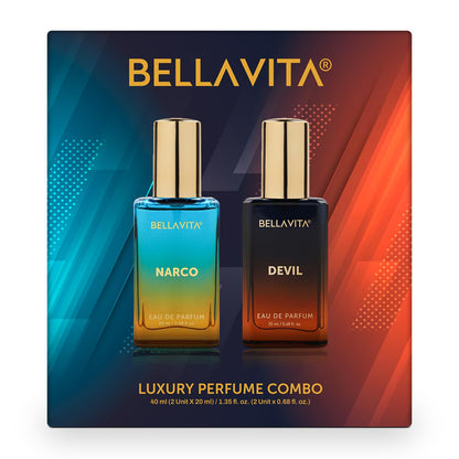 Bellavita perfume combo packaging with two bottles labeled 'Narco' and 'Devil' on a colorful background.