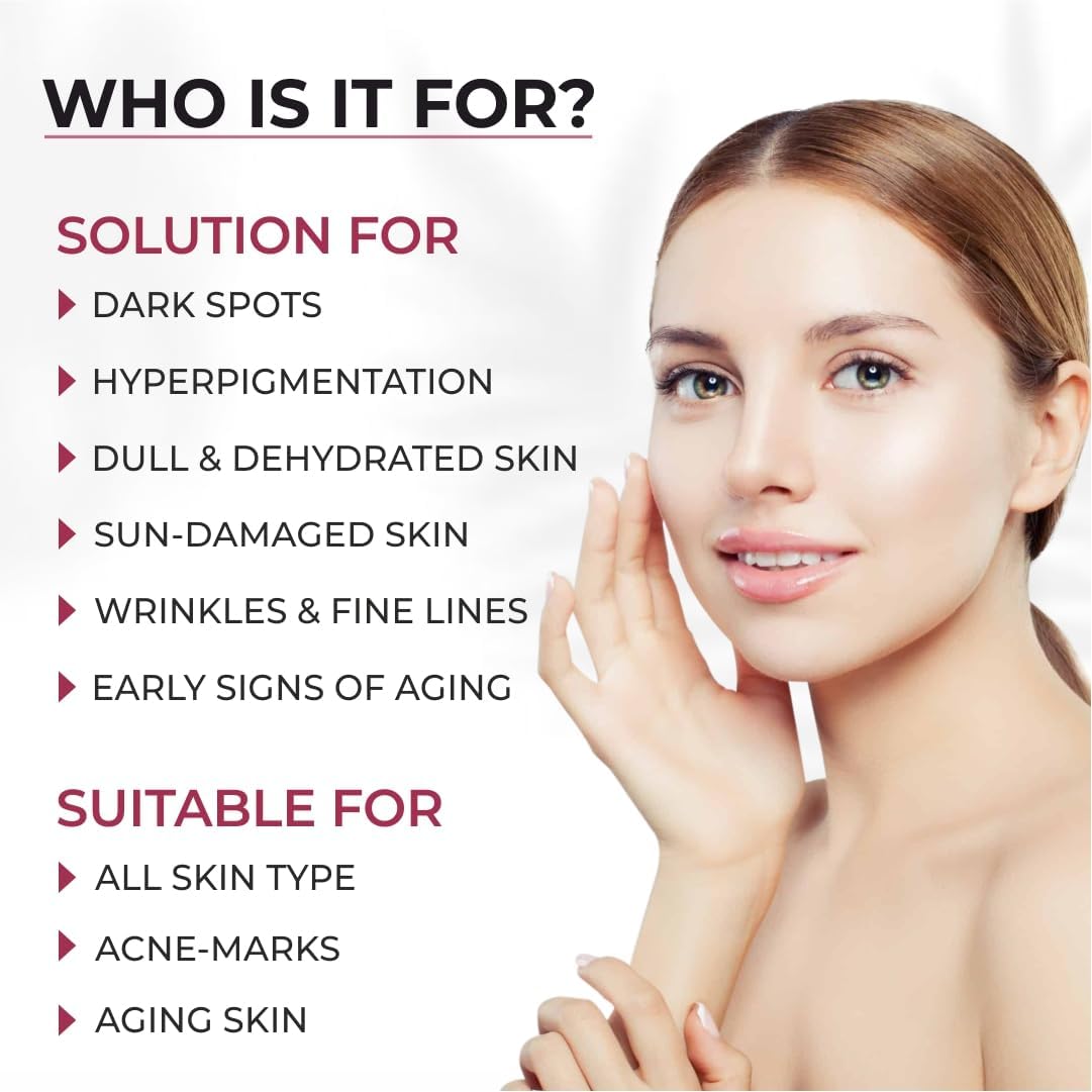 Woman with smooth skin and text detailing product benefits on a white background