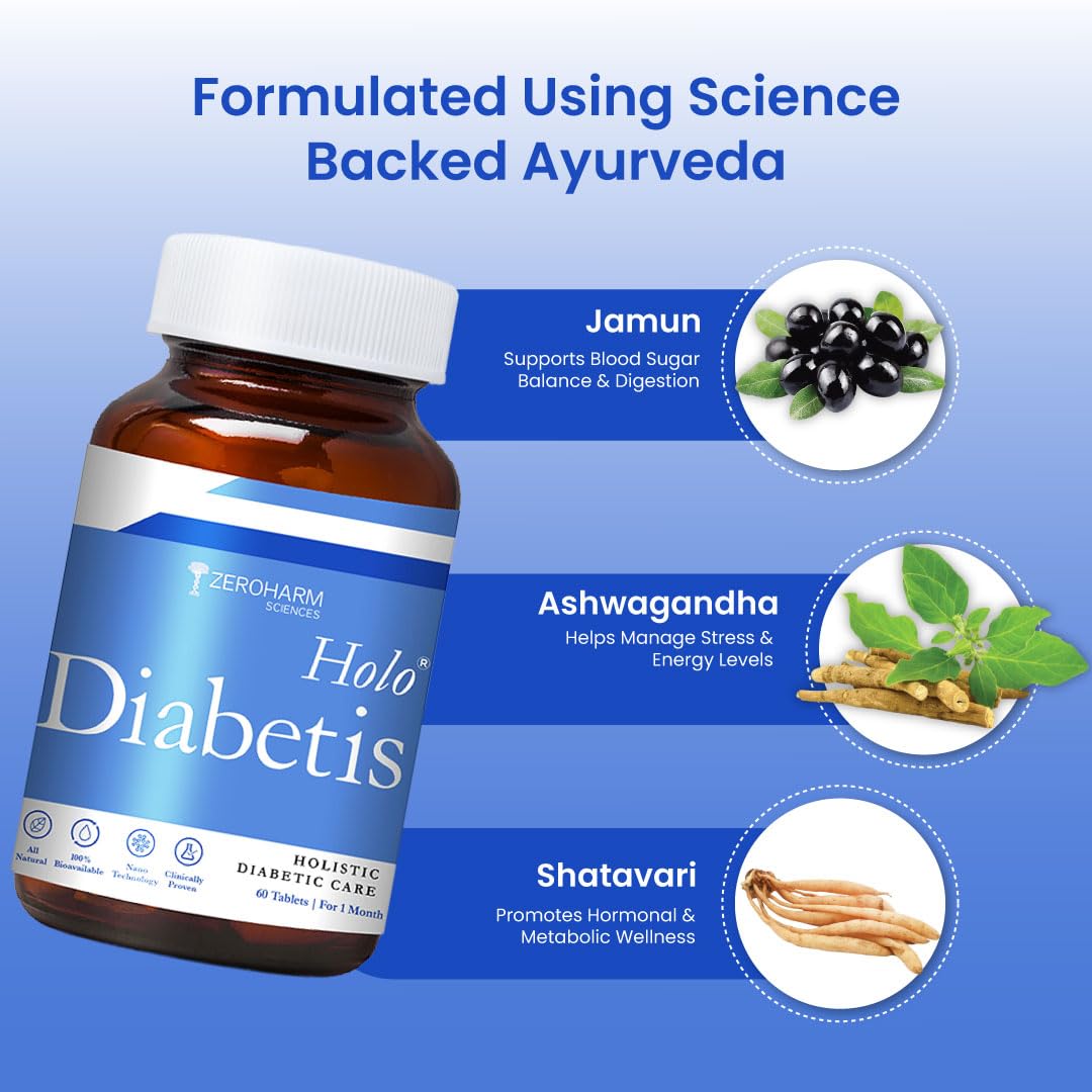 ZEROHARM Holo Diabetis Tablet | Nano Diabetic Care with Jamun, Ashwagandha & Shatavari | Help Manage Blood Sugar | Diabetic & Pre-Diabetis Supplements for Glucose Metabolism | Men & Women | 60 Tablets