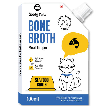 Goofy Tails Sea Food Bone Broth for Cats 100 ml (100ml X 1 Pack), Human Grade, Preservative Free, Gut Friendly Cat Food Topper, Cat Supplements with Natural Collagen