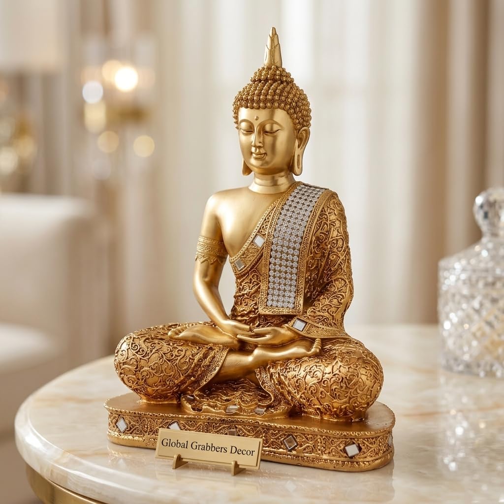 Global Grabbers New 25 Centimetre Meditating Sitting Buddha Statue showpiece Idol Home Decor Items for Living Room and Gifts (Golden2)