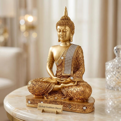Global Grabbers New 25 Centimetre Meditating Sitting Buddha Statue showpiece Idol Home Decor Items for Living Room and Gifts (Golden2)
