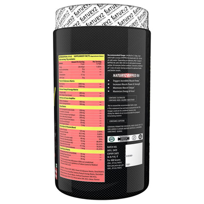 Black supplement container with red and white label on a white background