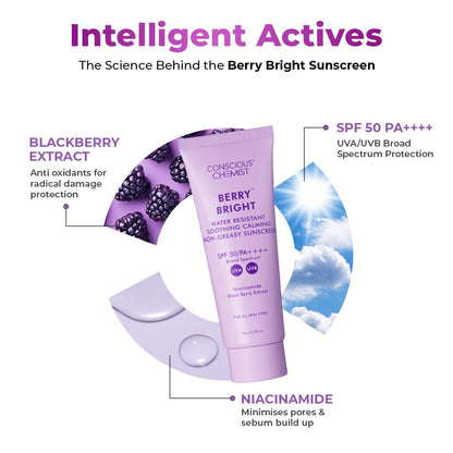 Berry Bright Sunscreen with blackberry extract and niacinamide on a white background