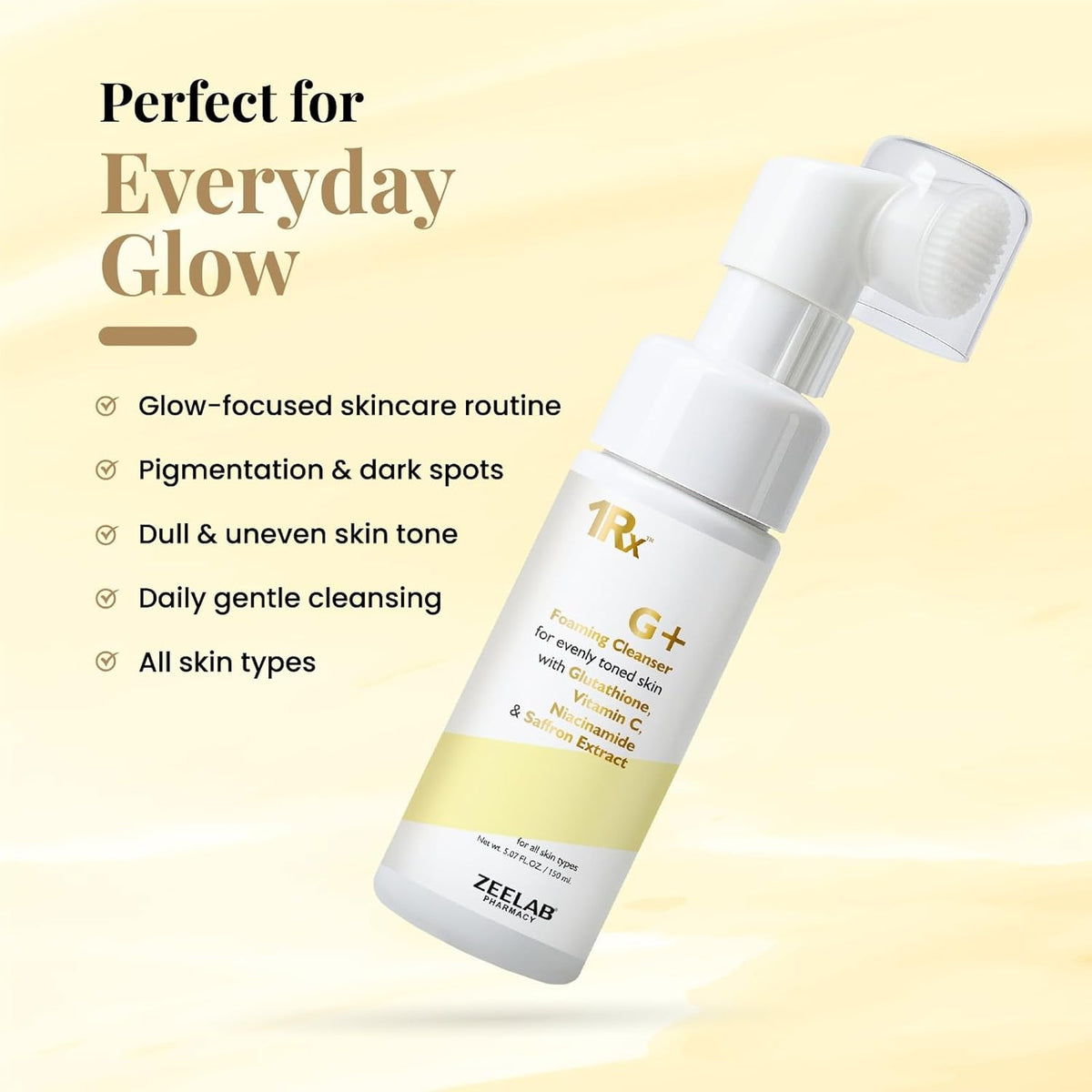 Skincare product with text highlighting its benefits on a light yellow background