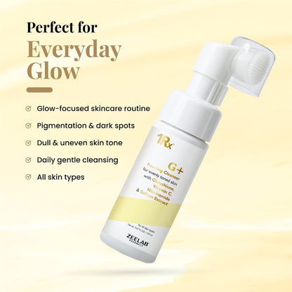 Skincare product with text highlighting its benefits on a light yellow background