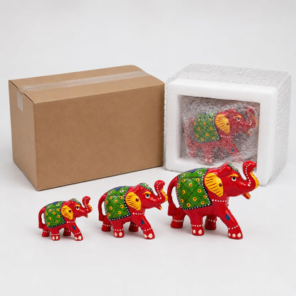 DreamKraft Paper Mache Elephant Showpiece for Enhance Home Decor - Red (Set of 3)