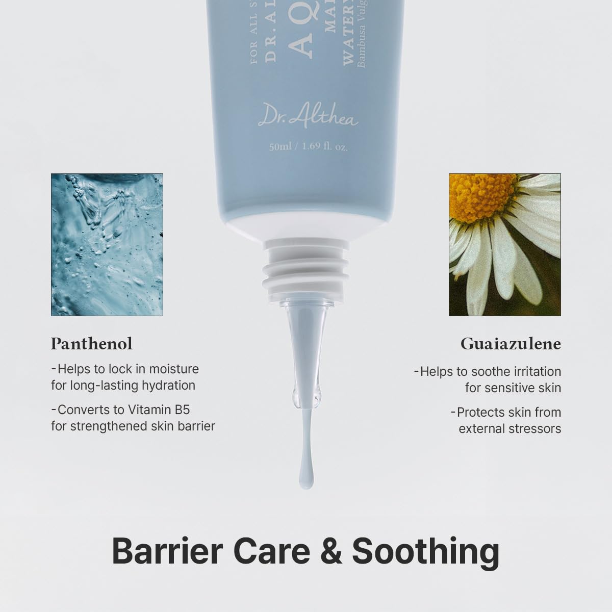 Dr. Althea skincare product with ingredients panthenol and guaiazulene on a light gray background.