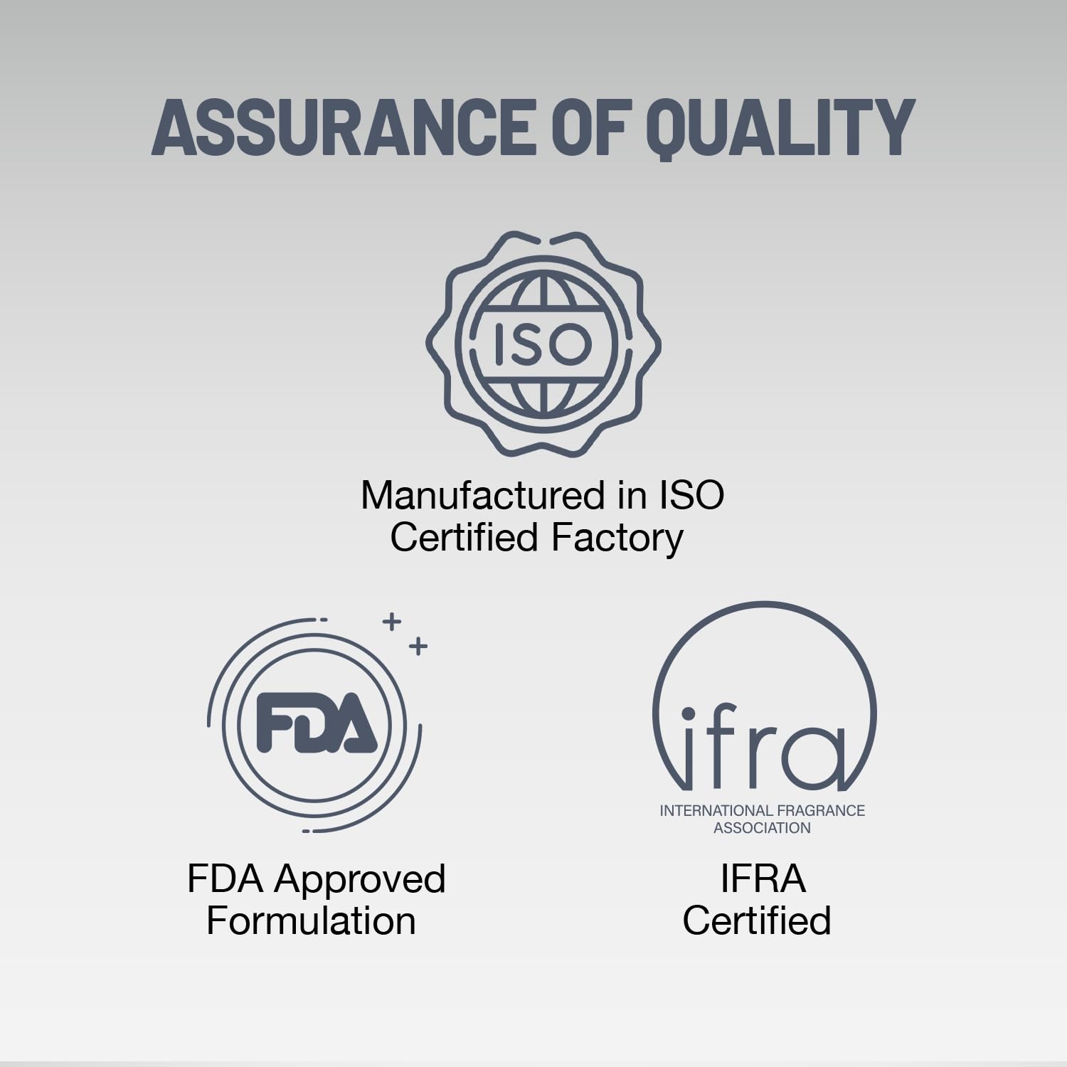 Quality assurance logos including ISO, FDA, and IFRA on a gray background
