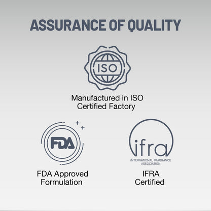 Quality assurance logos including ISO, FDA, and IFRA on a gray background