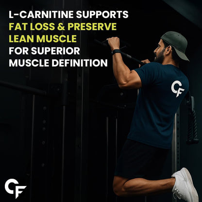 Man exercising with text about L-Carnitine benefits on a dark background