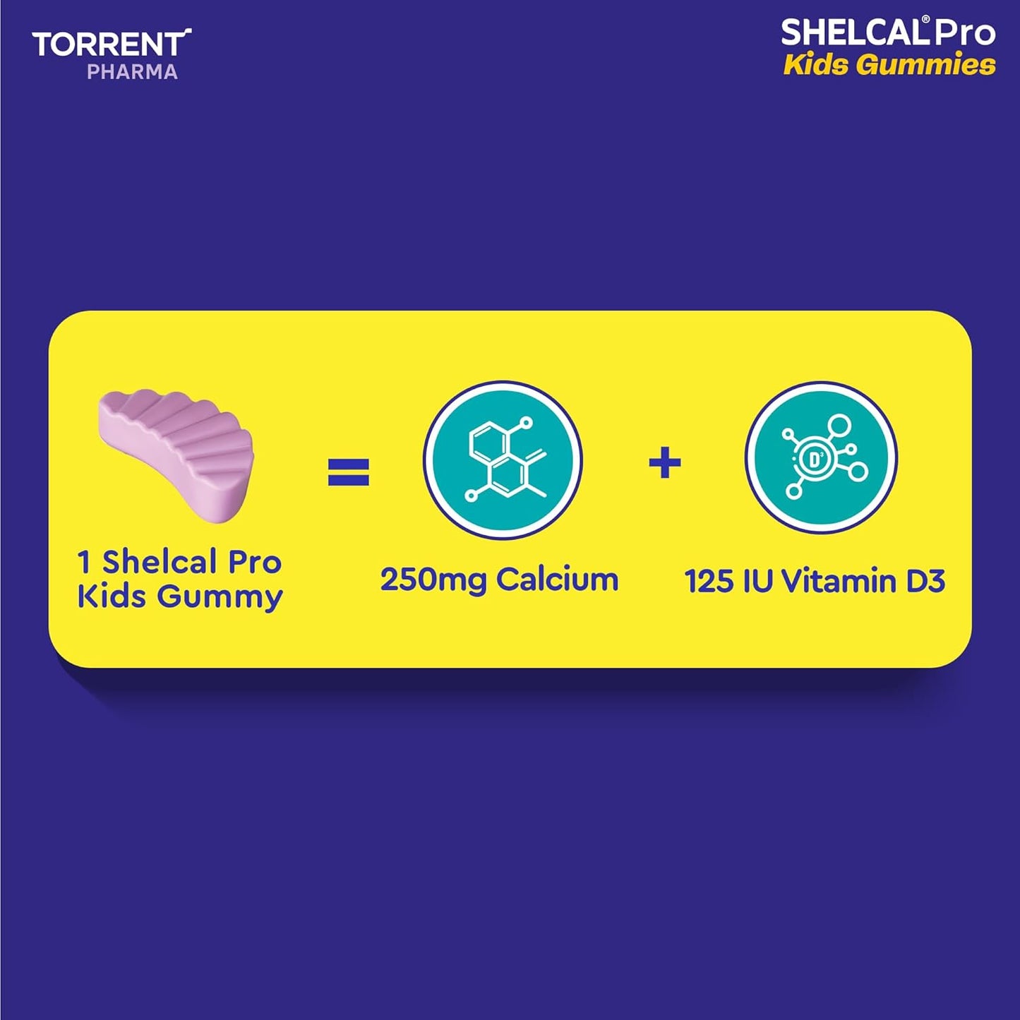 Shelcal Pro Kids Gummies packaging with nutritional information on a blue background