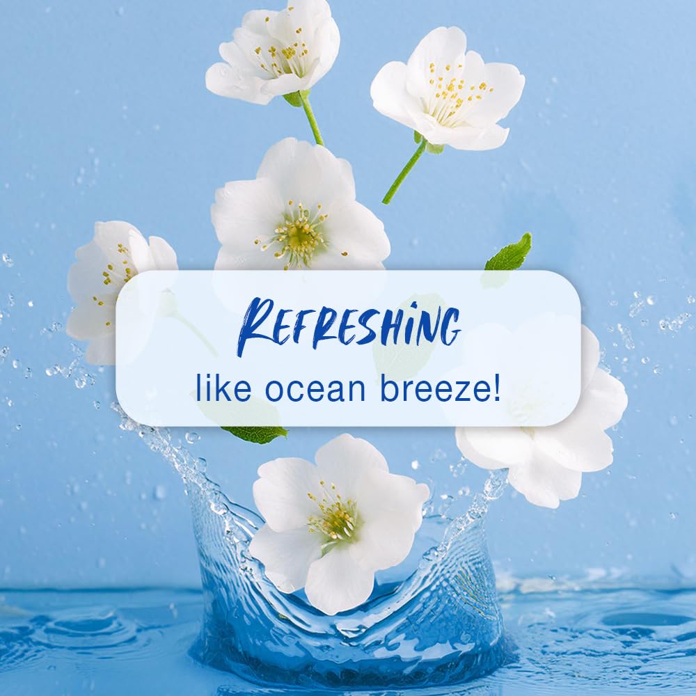 White flowers with a blue water background and text 'Refreshing like ocean breeze!'