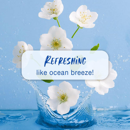 White flowers with a blue water background and text 'Refreshing like ocean breeze!'