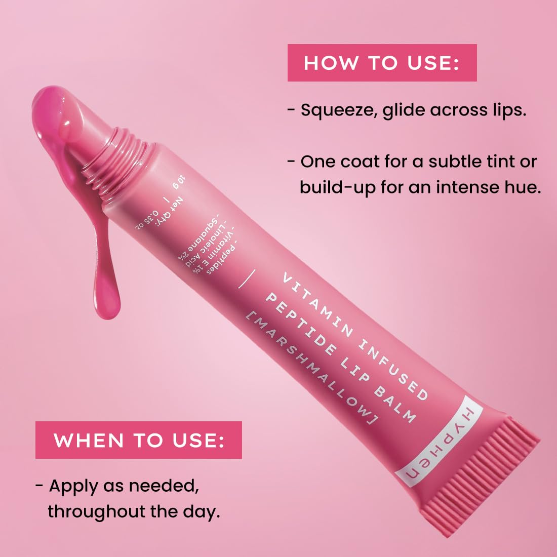 Pink lip balm tube with application instructions on a pink background