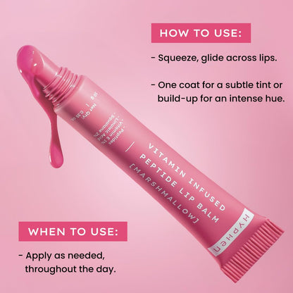 Pink lip balm tube with application instructions on a pink background