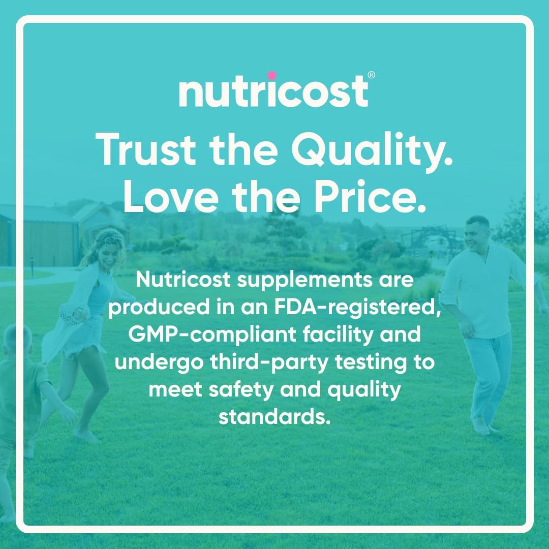 Advertisement for Nutricost supplements with text about quality and safety on a green background.