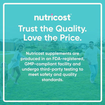 Advertisement for Nutricost supplements with text about quality and safety on a green background.