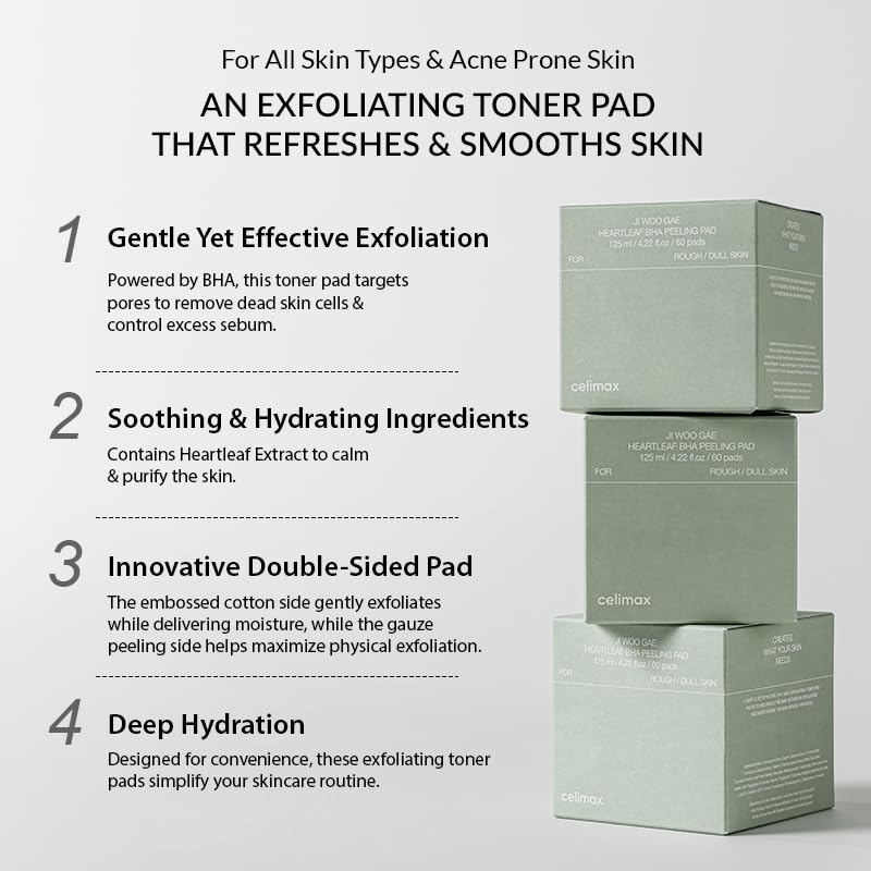 celimax Ji Woo Gae Heartleaf BHA Peeling Pad (60 Pads) Korean Toner Pads with Heartleaf Extract, BHA & Niacinamide, Exfoliating, Pore-Clearing, Removes Dead Skin, Minimises Pores, Calms & Smooths Skin