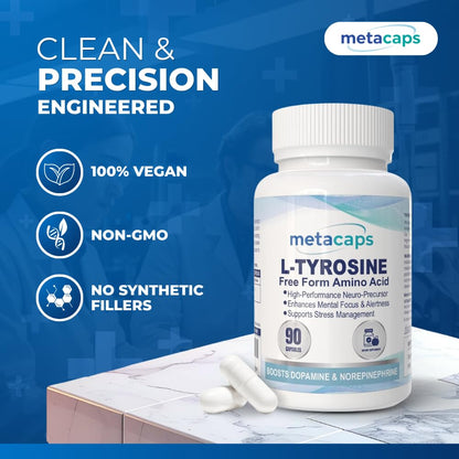 MetaCaps Pure L-Tyrosine 500mg – 90 Veg Capsules | High-Potency Amino Acid for Brain Support | Enhances Focus, Mental Clarity & Alertness | Stress Management & Mood Balance | Non-GMO & Vegan