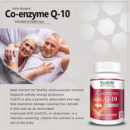 Vokin Biotech Co-enzyme Q-10 supplement bottle with an elderly couple in the background