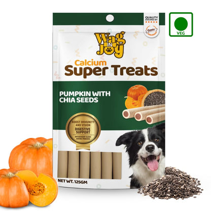 WAG IN JOY Calcium Super Treats Sticks 125 GMS | 100% Vegetarian Dog Treat|| Strong Bones and Joint| with Omega 3| Dog Food|Pack of 1| Pumpkin with Chia Seeds|,Young