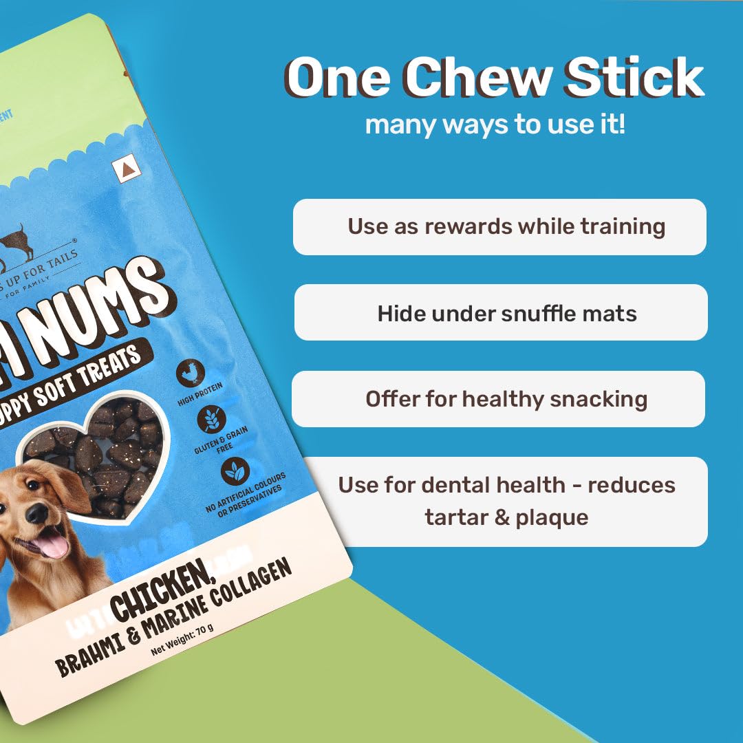 Yum Nums by HUFT Soft & Chewy Sticks - 70 gm| Chicken, Brahmi & Marine Collagen Puppy Treats | Healthy Dog Treats | Training Treats | High Protein, Joint Support