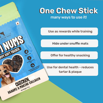 Yum Nums by HUFT Soft & Chewy Sticks - 70 gm| Chicken, Brahmi & Marine Collagen Puppy Treats | Healthy Dog Treats | Training Treats | High Protein, Joint Support