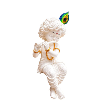 Premium Little Krishna Statue with Flute & Butter Pot | Baby Krishna Idol for Home Decor | White & Gold Resin Krishna Murti for Puja Room, Temple, Living Room & Gift