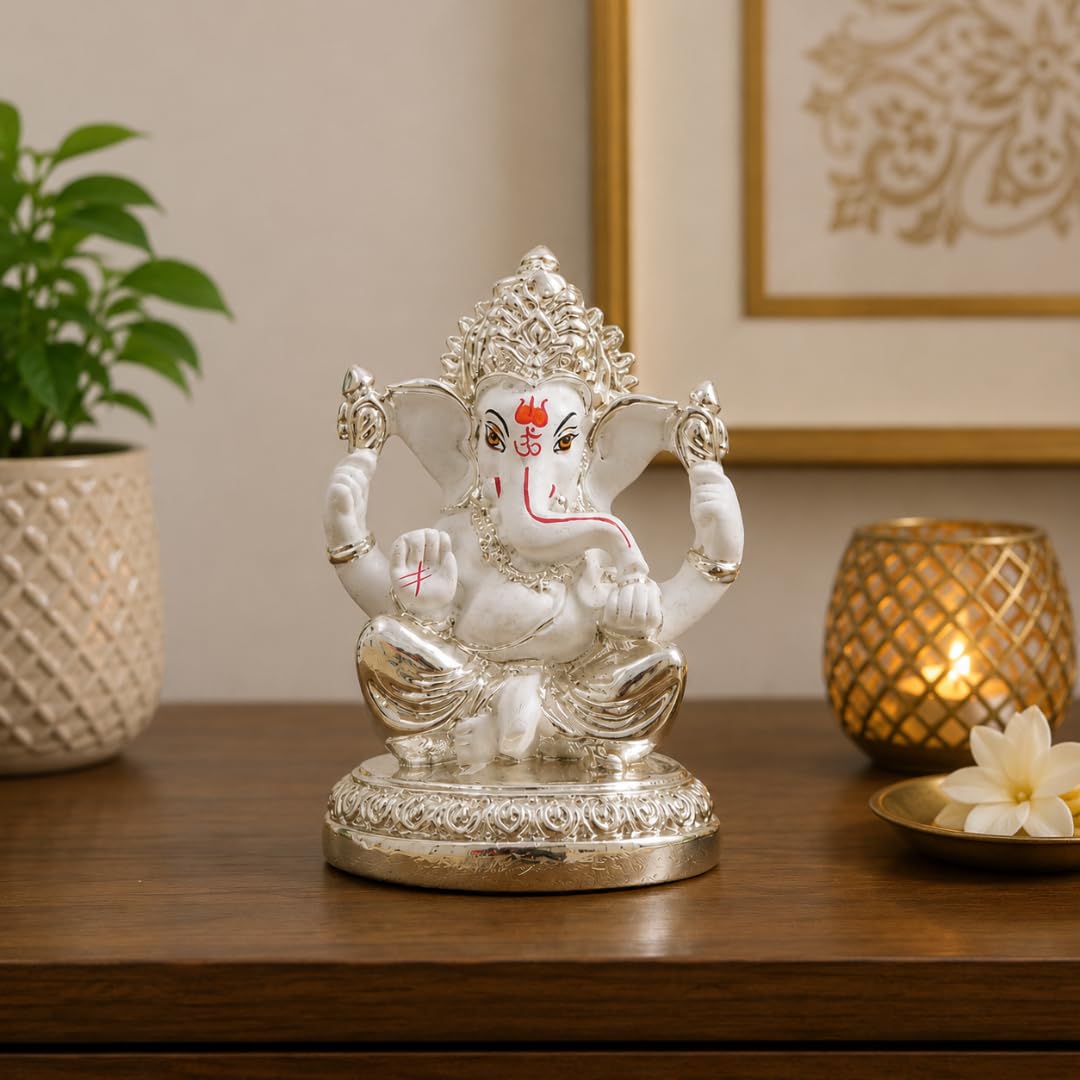 Gold Art India Ceramic 7X4X4 Cm, Silver And White Ganesh Idol For Car Dashboard Small Ganesha Murti Ganpati Idol For Home Decor Puja Lord Ganesh Statue Gift For Office Desk Puja Room Figurine