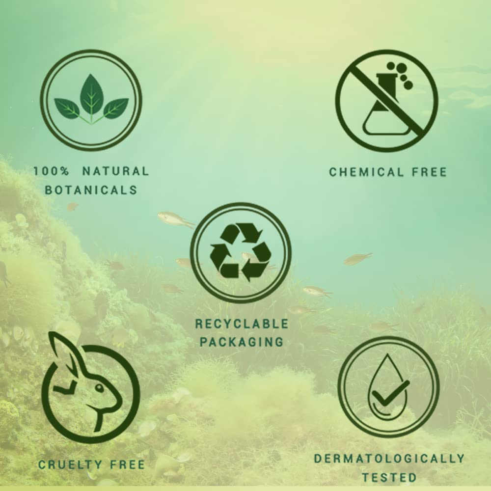 Set of green icons representing natural, chemical-free, recyclable packaging, cruelty-free, and dermatologically tested products on a green gradient background.
