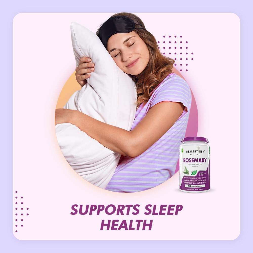 Woman sleeping with a pillow, next to a bottle of Healthy Net Rosemary supplement, on a light purple background.