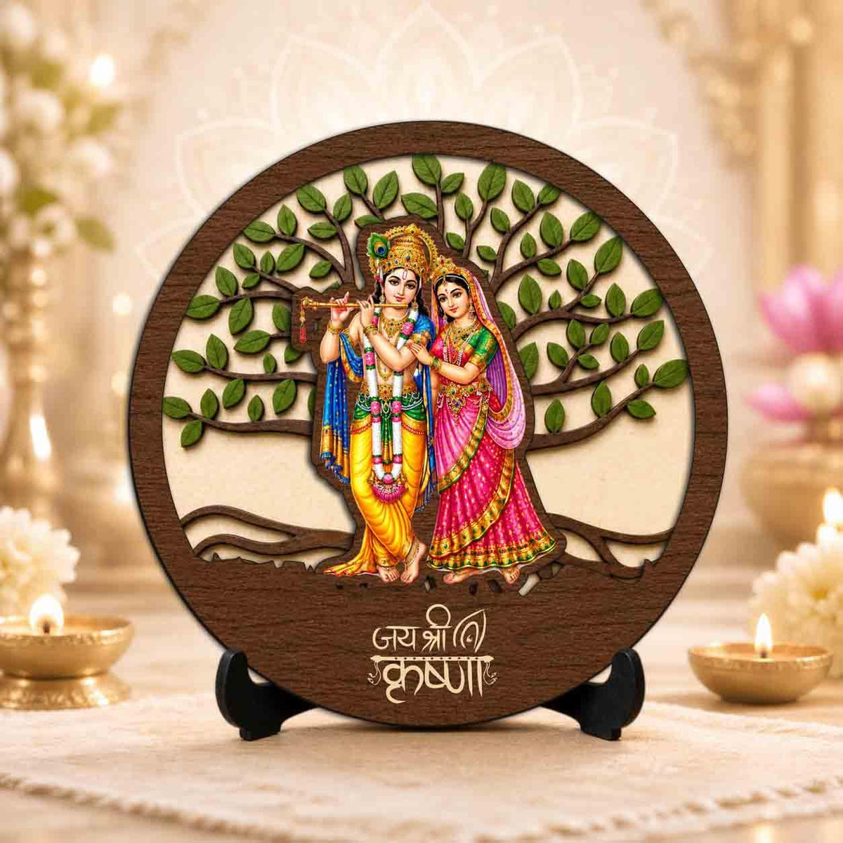 Plan To Gift Radha Krishna Premium Wooden God Idol for Indoor Temple, Living Room Shelf, Work Desk & Puja Decor - 5x5 Inch