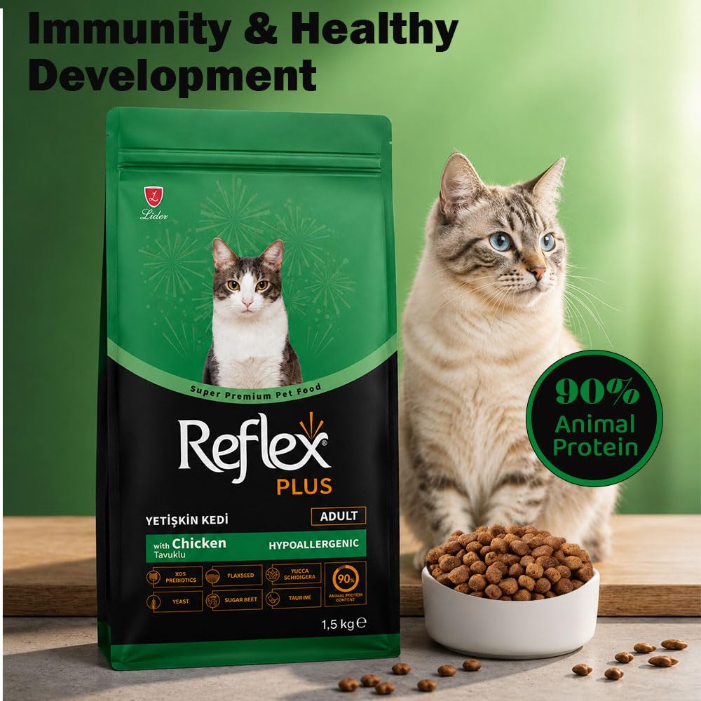 Reflex Plus Adult Dry Cat Food with Chicken, Complete & Balanced Nutrition for Adult Cats, Supports Immunity, Digestion, Healthy Skin & Coat (400g)