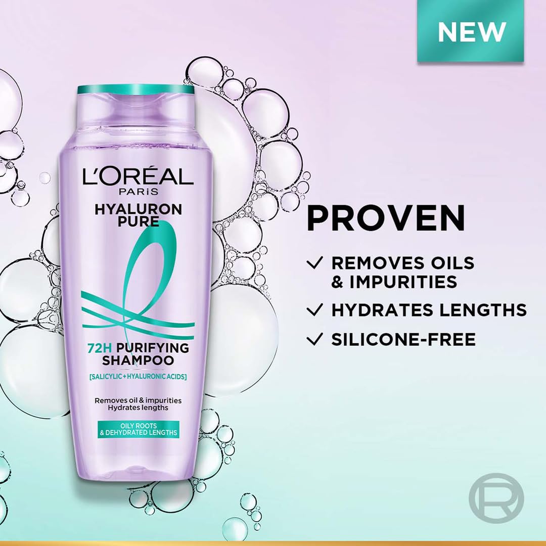 L’Oréal Paris Hyaluron Pure 72H Purifying Shampoo, For oily scalp & dry hair with salicylic and hyaluronic acid, 200 ml