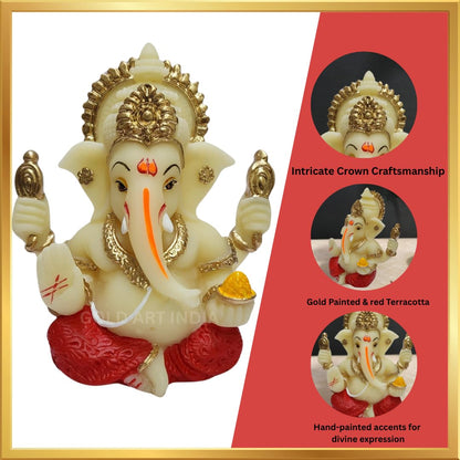Gold Art India Peach Ivory 4-Hand Ganesha with Mukut for Home Decor Idol Ganesha Murti Ganpati Idol for car Dashboard Puja Lord Ganesh Statue Gift for Office Desk Puja Room Figurine