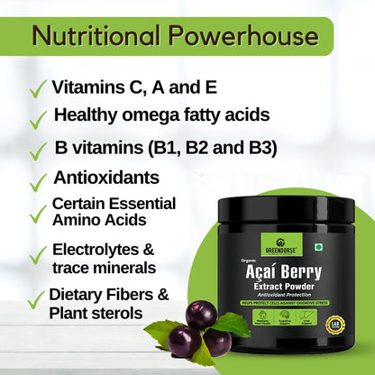 GREENDORSE Acai Berry Extract Powder, 10x Concentrated | SUPERFOOD Rich in 19 amino acids, Muscle building Fibres, Antioxidant & Collagen boosting Vitamin C | Supports Brain, Liver & Heart Functioning- 50g