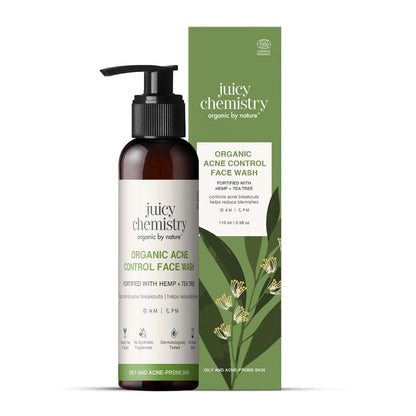 Juicy Chemistry Certified Organic Acne Control Face Wash with Hemp & Tea Tree, 110 ml | Reduces Blackheads | Evens Skin Tone & Restores Glow | Deeply Cleanses & Removes Impurities | Dermatologically Tested