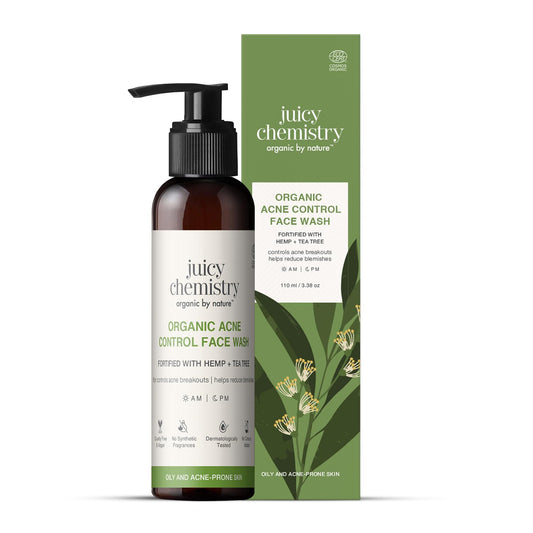 Juicy Chemistry Certified Organic Acne Control Face Wash with Hemp & Tea Tree, 110 ml | Reduces Blackheads | Evens Skin Tone & Restores Glow | Deeply Cleanses & Removes Impurities | Dermatologically Tested