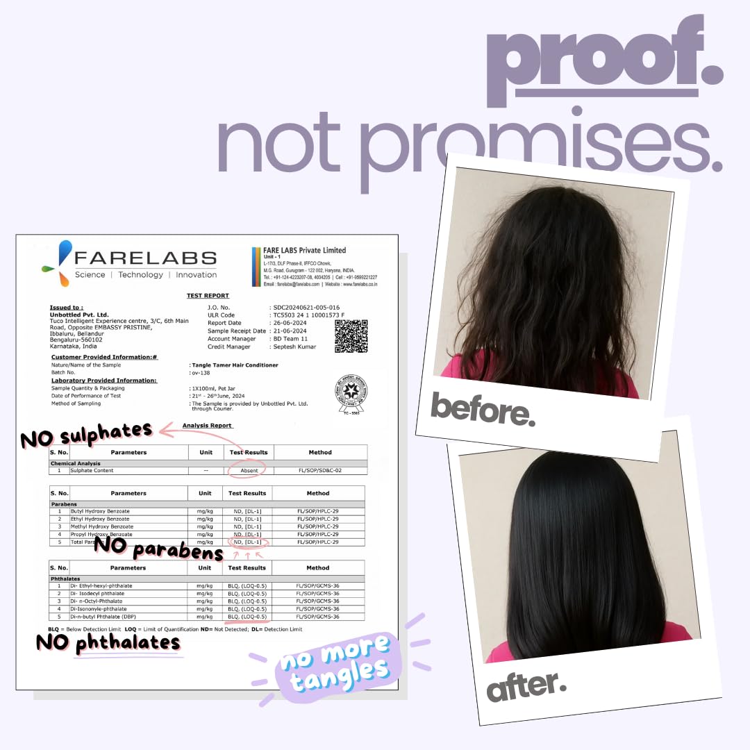 Before and after hair transformation with a test report and brand logo.