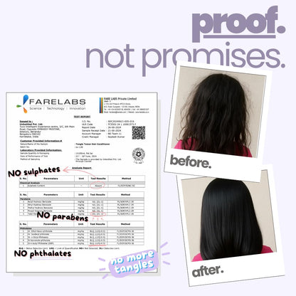 Before and after hair transformation with a test report and brand logo.