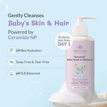 AreoVeda Ceramide Baby Wash & Shampoo (200ml) | PENTAVITIN® And Inulin Prebiotic | Ceramide Care + Long Lasting Hydration | Safe For Newborns