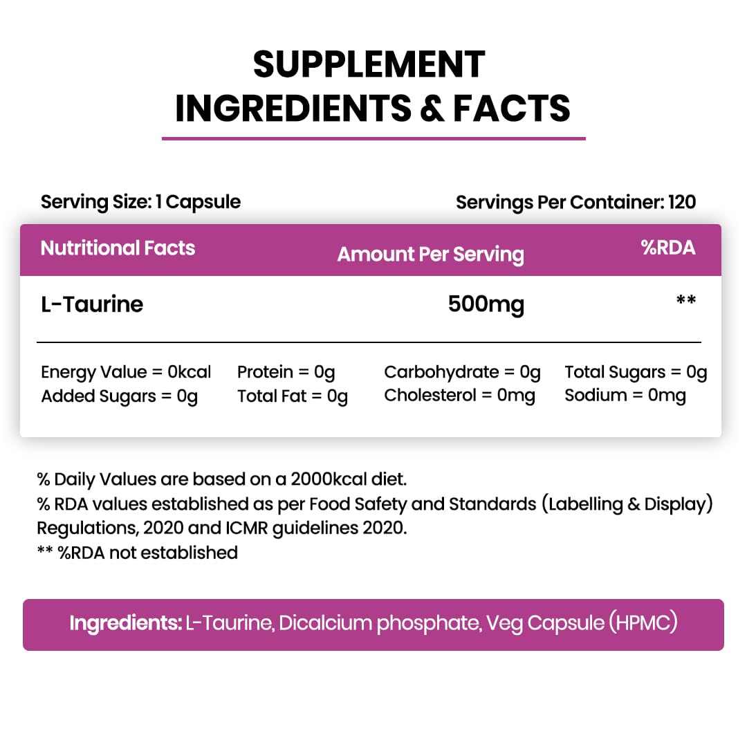 Vlado's Himalayan Organics L-Taurine 500mg | Amino Acid Supplement for Athletic Performance | Support Muscle Recovery | Improve Performance | Promotes Vision & Nerve Health - 120 Veg Capsules