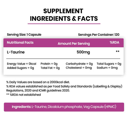 Vlado's Himalayan Organics L-Taurine 500mg | Amino Acid Supplement for Athletic Performance | Support Muscle Recovery | Improve Performance | Promotes Vision & Nerve Health - 120 Veg Capsules