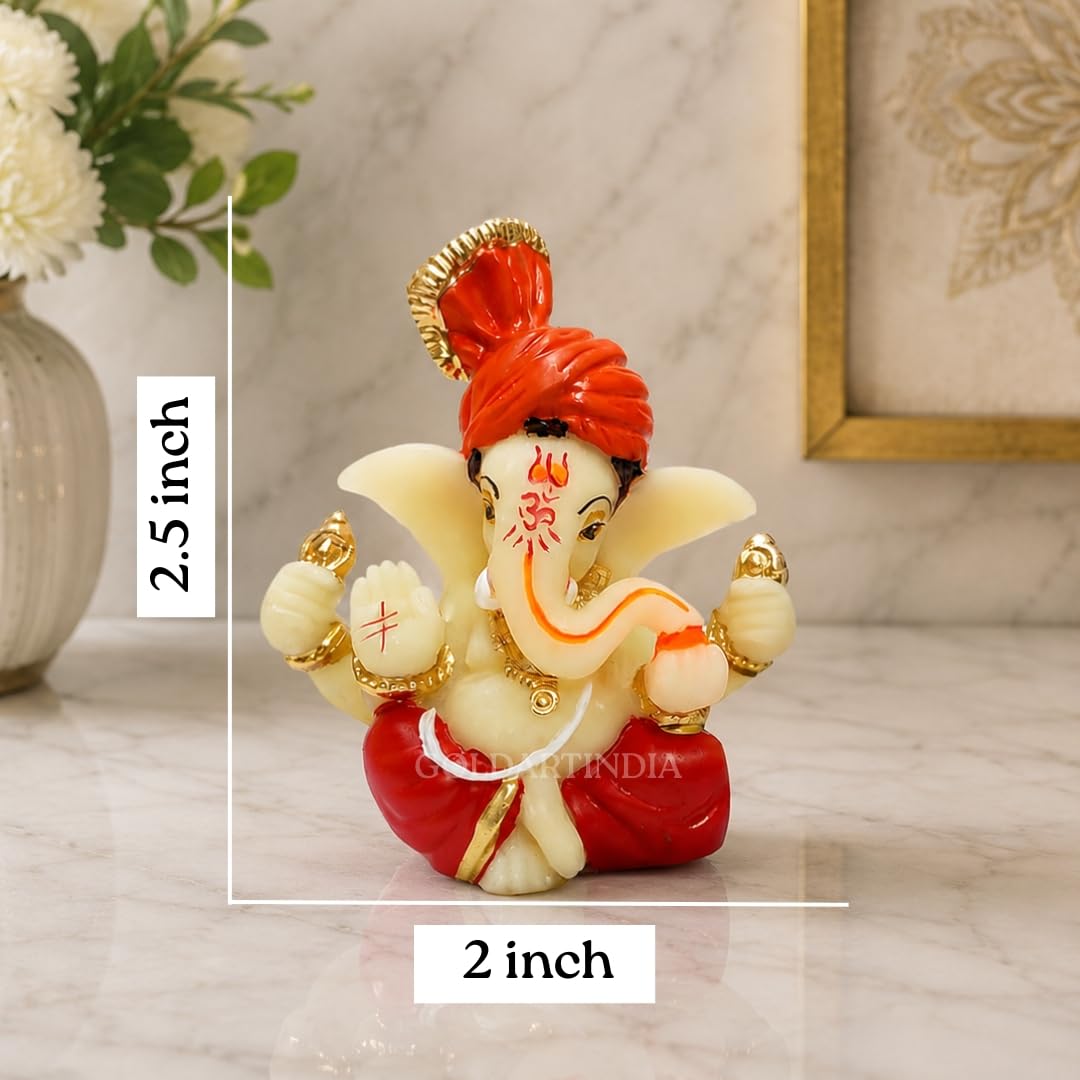 Gold Art India Polyresin Lord Ganesha Idol for Car Dashboard, Home, Office | Ganpati Statue for Mandir Decor | Handcrafted Ganesh Murti (2 x 2.5 inch, Red & Orange)
