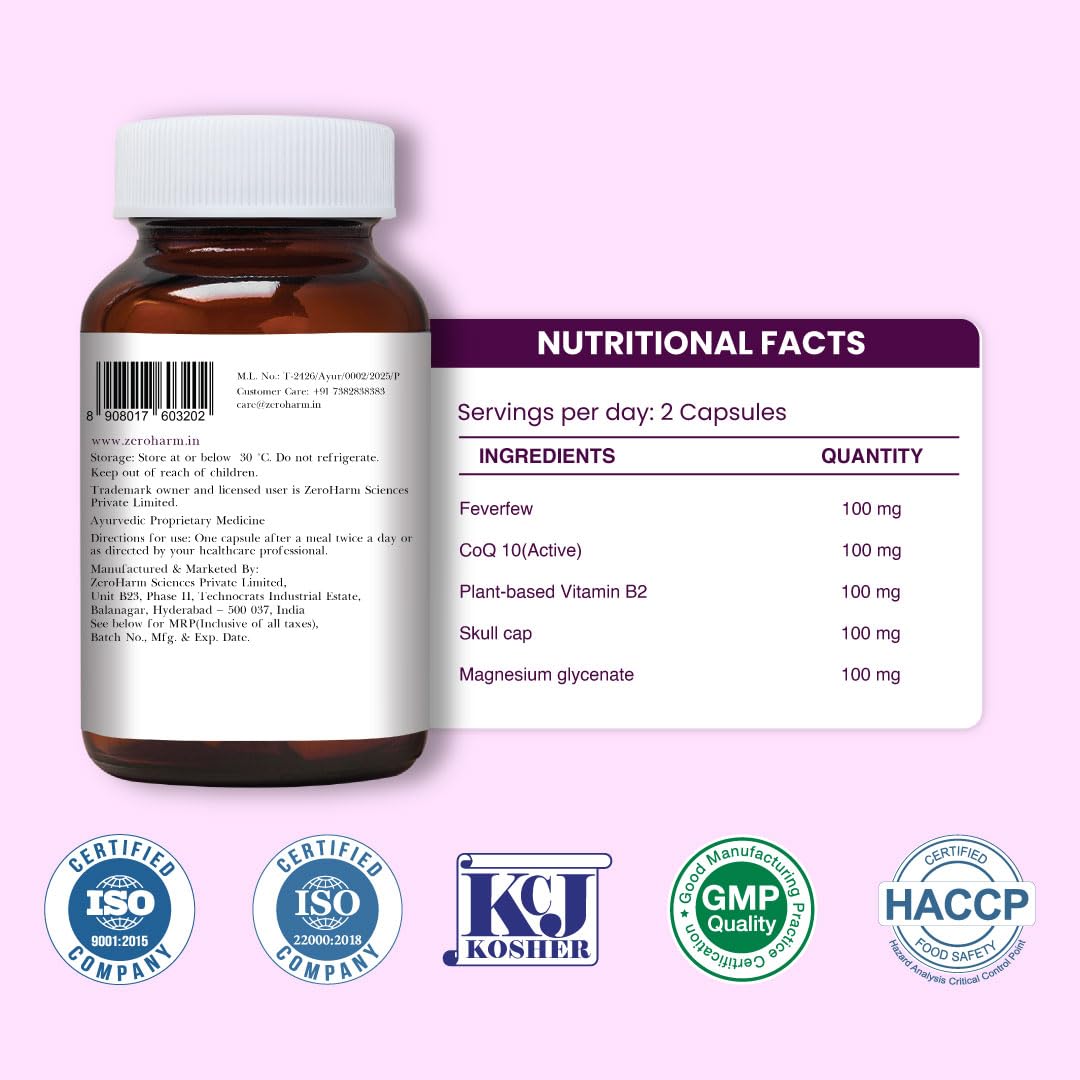 ZEROHARM Holo Migraine Capsules | Headache Relieve Supplement | Reduces Migraine, Non-Drowsy | For Optimal Brain Health | Helps in Reduces Frequency | Men & Women | 60 Capsules