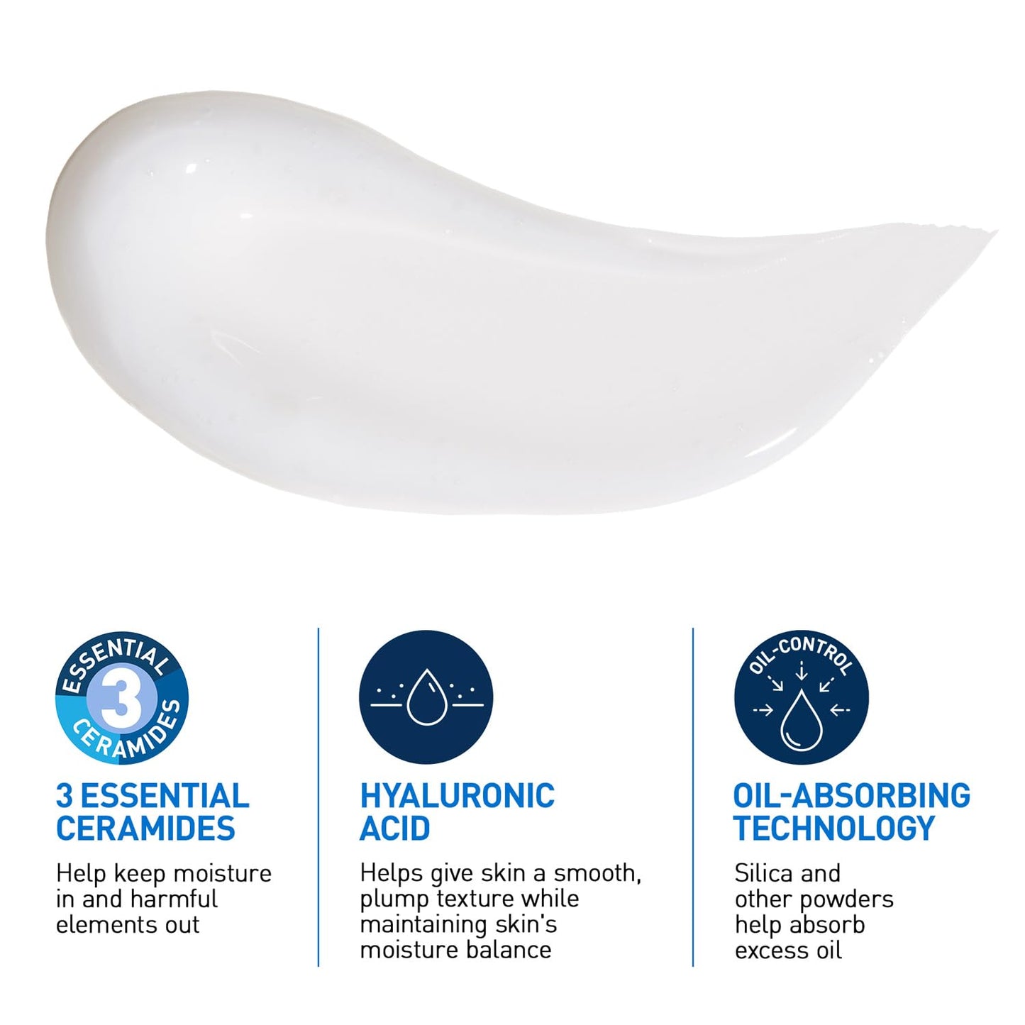 Skincare product with ceramide, hyaluronic acid, and oil-absorbing technology icons and descriptions.